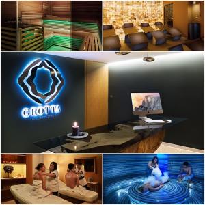 哈拉霍夫Horská chata KRKONOŠKA HARRACHOV & Privat wellness relax GROTTA SPA的带有标志的房间照片拼贴