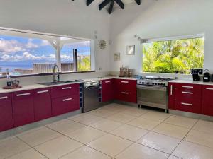 大博格Villa Horizon à Marie-Galante的一间设有红色橱柜的厨房,享有海景