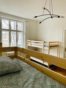 诺维萨德Hostel Green World的一间卧室配有一张大床和一个吊灯。
