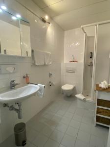 阿斯科纳Boutique-Hotel Antica Posta的白色的浴室设有水槽和卫生间。