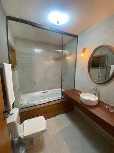 贝洛奥里藏特Casa de Campo Pampulha的带浴缸、卫生间和盥洗盆的浴室