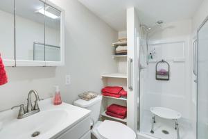 吉列Single-Story Gillette Home Walk to Lake and Trails!的带淋浴、卫生间和盥洗盆的浴室