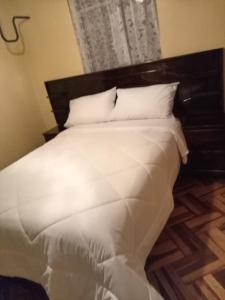 普诺HOSTAL SUIT ANDINA的卧室内的一张带白色床单和枕头的床