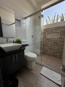 阿纳波伊马HOTEL LE FALEP的浴室配有卫生间、盥洗盆和淋浴。