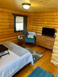 阿拉莫萨The Gratitude Homestay的小木屋内一间卧室,配有一张床和一把椅子