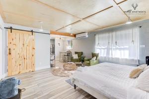 孟菲斯The Moose #6 - Modern Luxe Studio with Free Parking & King Bed的一间卧室设有一张床和一间客厅。