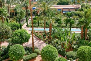 马拉喀什美丽典费斯酒店的享有花园的顶部景致,花园内种有树木和灌木丛