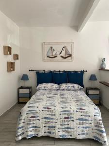 蒙特罗索阿尔马雷Cà Lea,2 Minuti dalla Spiaggia di Monterosso的一间卧室配有一张带蓝色枕头的大床
