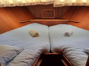 阿姆斯特丹Motor Yacht Amstelle的船上一张大床,带两个枕头