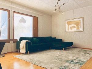艾内科斯基Detached house Mämmensalmi的客厅配有绿色沙发和地毯。
