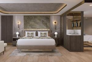 安卡拉Boreas Hotel, Trademark Collection by Wyndham的卧室的 ⁇ 染,卧室配有一张床和一间浴室