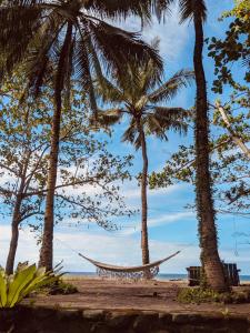 曼巴豪Playa del Fuego Camiguin Beach Hostel & Resort的海滩上两棵棕榈树之间的吊床
