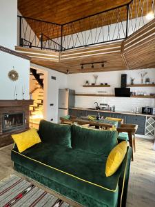斯拉夫西克Villa Pelahia的一间带绿色沙发的客厅和一间厨房