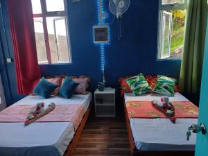 Rodrigues IslandChez Tonio Magic Ocean View的配有两张床铺的蓝色墙壁和窗户
