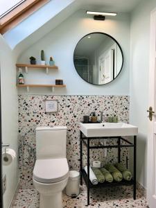 海上费萨德Thistledown Lodge的一间带卫生间和镜子的浴室