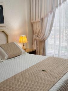 卡舒埃拉斯迪马卡库Hotel Netto的一间卧室配有一张带灯和窗户的床