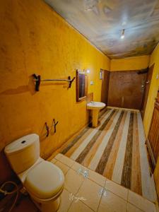达瓦拉维River Edge Safari Cottage的黄色的浴室设有卫生间和水槽