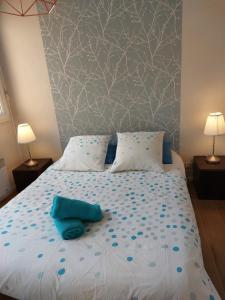 里尔Suite Molinel的一间卧室配有一张带蓝色床单和蓝色枕头的床。