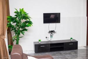 库马西Luxury Apartments的一间客厅,在白色的墙上配有电视