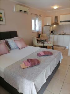 罗佐瓦克Apartmani Marijana的一间卧室配有两张床和粉红色枕头。