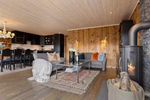 高尔Cozy cabin with sauna, ski tracks and golf outside的客厅设有壁炉和沙发。