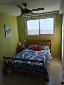 Las PalmerasEl Palmar Beach Residences 901 Beach Front View的一间卧室配有一张带风扇和窗户的床。
