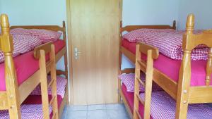 菲施Chalet Sonnenblick的小型客房配有两张双层床,提供粉红色和紫色床单