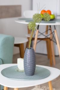普罗夫迪夫Apartment KALINA with free private parking的灰色花瓶坐在桌子上,盘子上