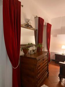 RustigazzoVeleia Romana B&B的一间设有红色窗帘和镜子梳妆台的房间