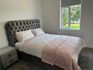 都柏林Modern design residence的一间卧室设有一张大床和一个窗户。