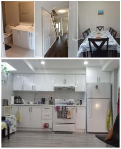 马卡姆壹家民宿Basement1的一间带白色橱柜的厨房和一间带桌子的厨房