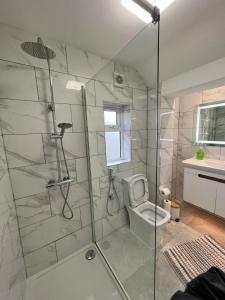 牛津Beautiful home in Oxford的浴室设有玻璃淋浴间和卫生间