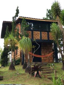 拉夫拉斯诺瓦斯Chalés Serra do Trovão的小屋前方有棕榈树