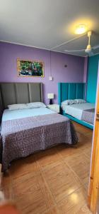 伊察La Casa de Bamboo的一间卧室设有两张紫色墙壁和木地板