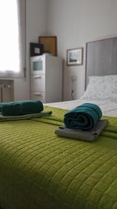 博洛尼亚Casa Alderotti的床上有两张绿毯
