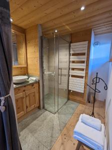 拉赫兹耶尔Chalet Lè Lodzé - Pieds des pistes的一间带玻璃淋浴和水槽的浴室