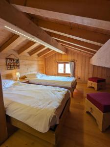 拉赫兹耶尔Chalet Lè Lodzé - Pieds des pistes的小木屋内一间卧室,配有两张床