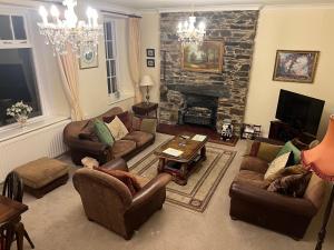道格拉斯Ravenscliffe Lodge的带沙发和石制壁炉的客厅
