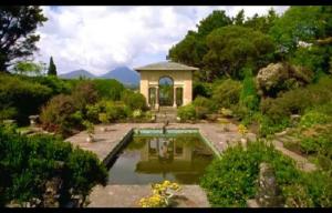 格伦加里夫Rugged Glen Accommodation的一座花园,在一座建筑前设有一个小池塘