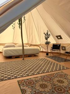 拉耶North Shore Glamping / Camping Laie, Oahu, Hawaii的一个带床和地毯的帐篷