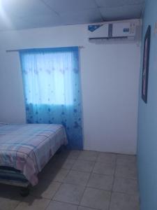 曼塔HOTEL EL CASTILLO MANTA2的一间卧室配有床和蓝色窗帘