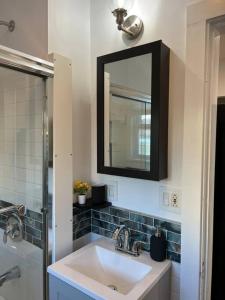 沃特敦Charming 3BR, 1BA Near Heart of Boston!的一间带水槽、镜子和淋浴的浴室