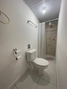 瓜鲁柳斯Hostel Quartos com banheiro individual perto do Aeroporto的白色的浴室设有卫生间和淋浴。