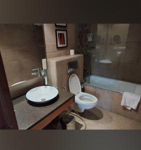 斋浦尔HOTEL FLAMINGO的浴室配有盥洗盆、卫生间和浴缸。