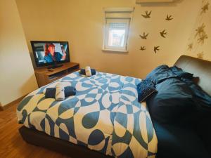 圣路易Chambre climatisée et cosy Auberge du manala Hôtel 24 24的一间卧室配有一张床、一张沙发和一台电视
