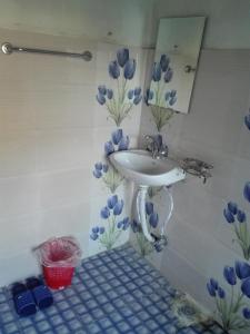 加德满都Best Hostel的浴室配有水槽和墙上的蓝色鲜花