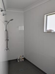 普拉瑟潘PROSERPINE MOTOR LODGE的带淋浴的白色浴室和窗户。