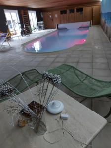OedelemLetteratelier drieSprong的游泳池景,带植物桌子