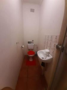 逊邱伦A humble abode that is cozy的一间带红色卫生间和水槽的浴室