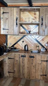 古多里Gudauri Glamping的一个带木制橱柜和水槽的厨房